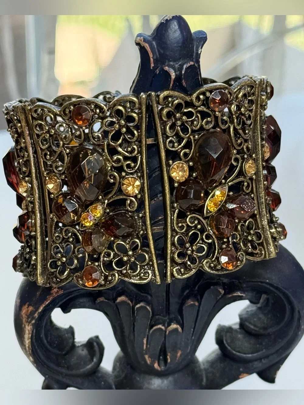 **Antique Brass Boho Filigree Cuff with Amber/Topaz/Citrine crystals Butterfly